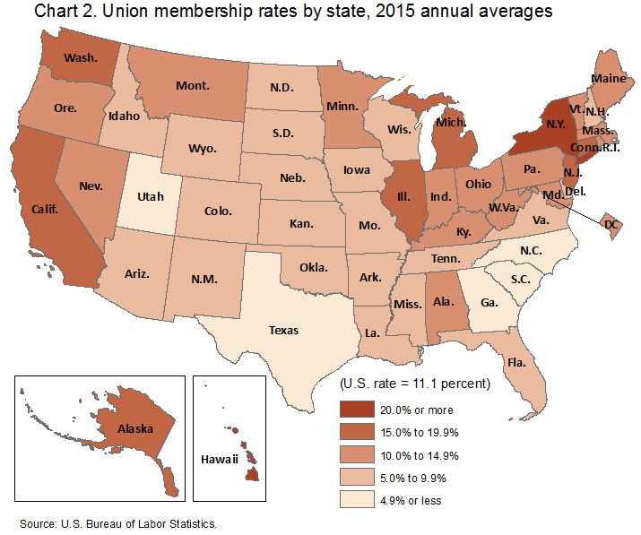 Chart 2.  Union membership rates by state, 2015 annual averages