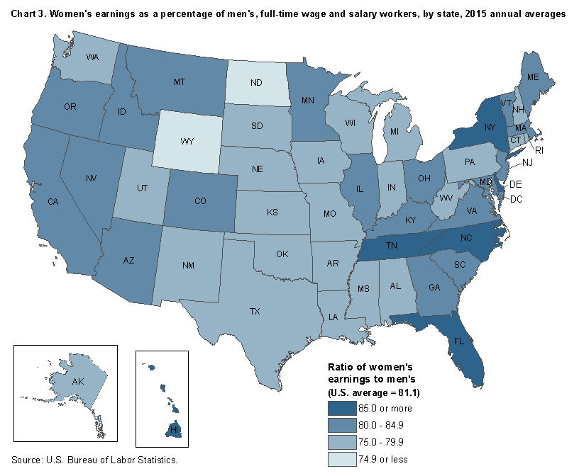 Chart 3. Women’s earnings as a percentage of men’s, full-time wage and salary workers, by state, 2015 annual averages