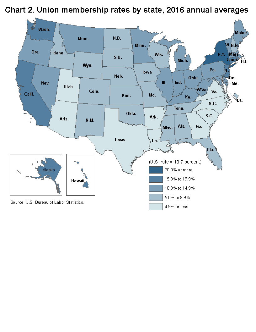 Chart 2.  Union membership rates by state, 2016 annual averages