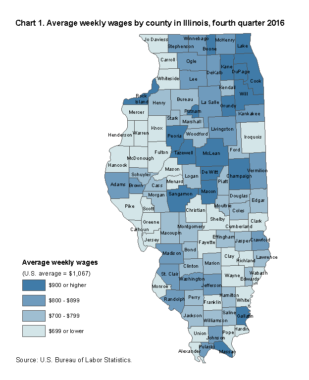 Chart 1. Average weekly wages by county in Illinois, fourth quarter 2016