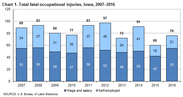 Chart 1. Total fatal occupational injuries, Iowa, 2007-2016