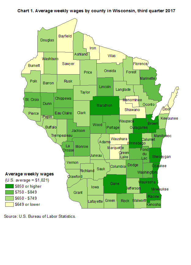 Chart 1. Average weekly wages by county in Wisconsin, third quarter 2017