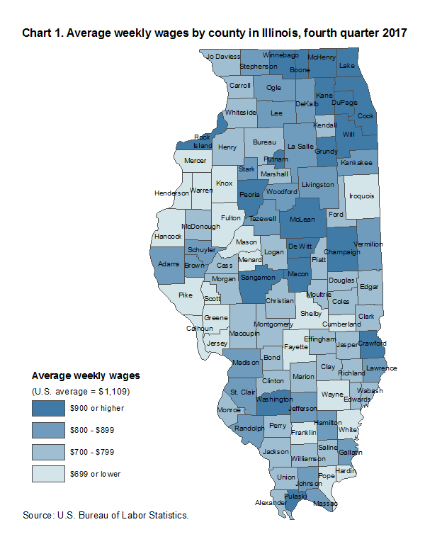 Chart 1. Average weekly wages by county in Illinois, fourth quarter 2017