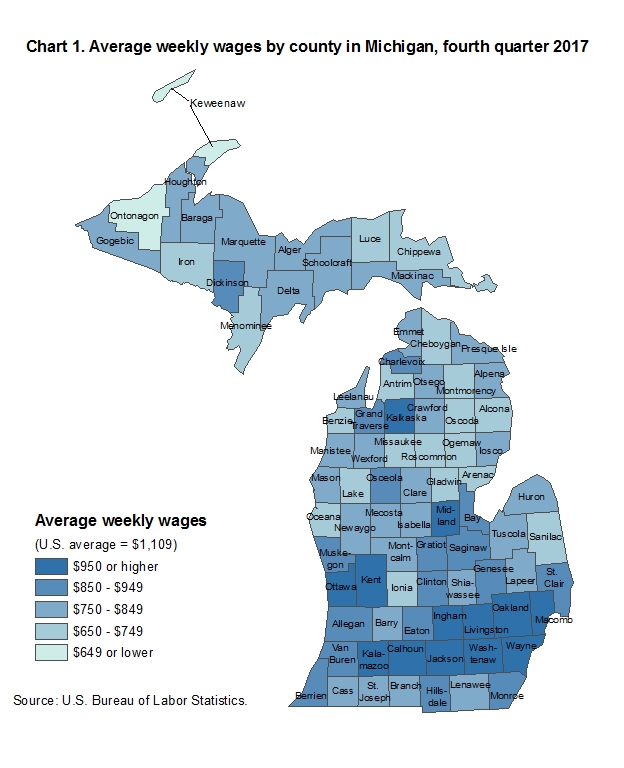 Chart 1. Average weekly wages by county in Michigan, fourth quarter 2017