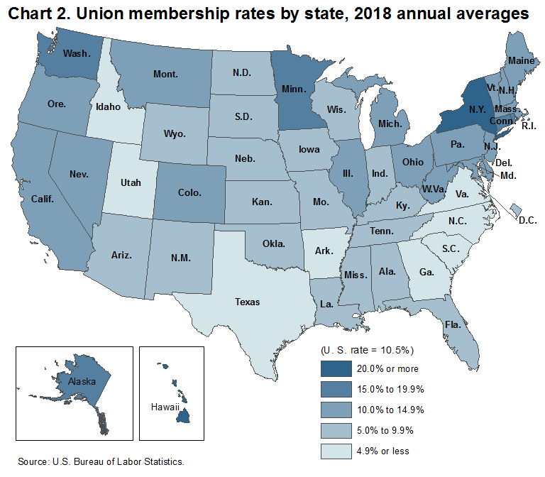 Chart 2. Union membership rates by state, 2018 annual averages