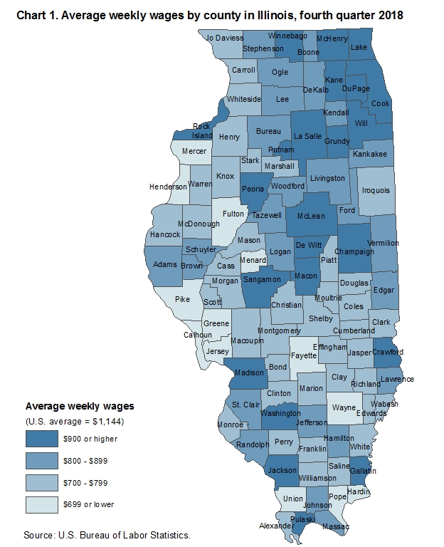 Chart 1. Average weekly wages by county in Illinois, fourth quarter 2018