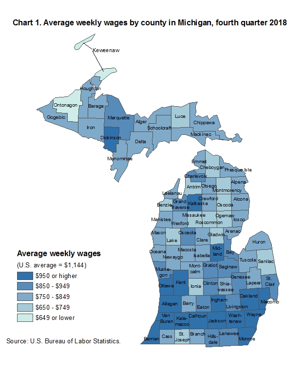 Chart 1. Average weekly wages by county in Michigan, fourth quarter 2018
