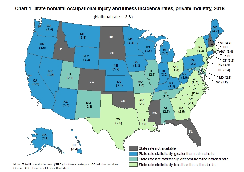 Chart 1. State nonfatal occupational injury and illness incidence rates, private industry, 2018