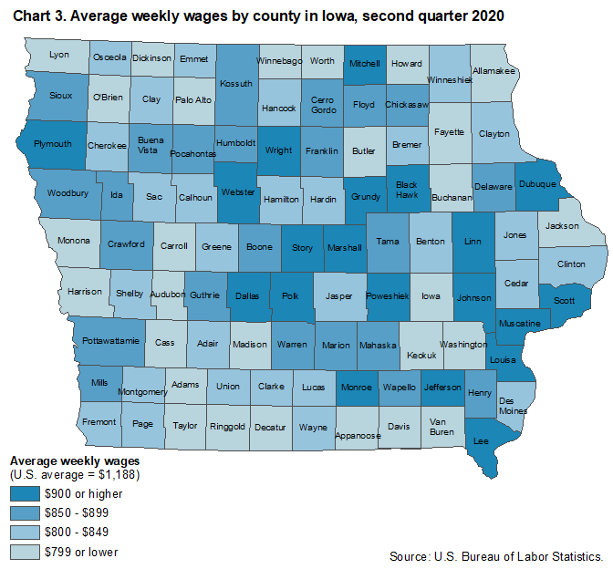 Chart 3. Average weekly wages by county in Iowa, second quarter 2020