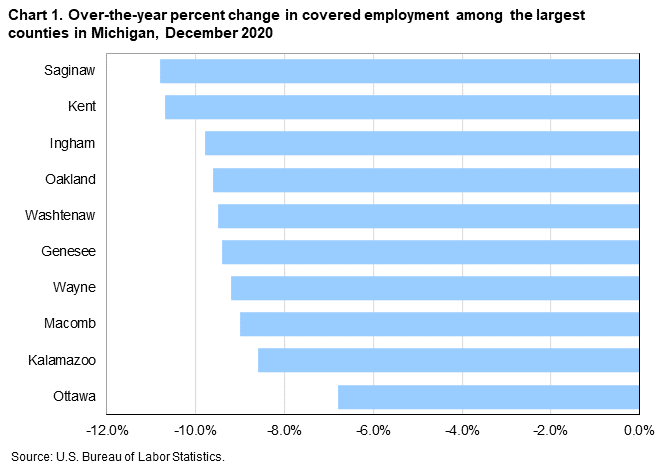 Chart 1. Over-the-year percent change in covered employment among the largest counties in Michigan, December 2020
