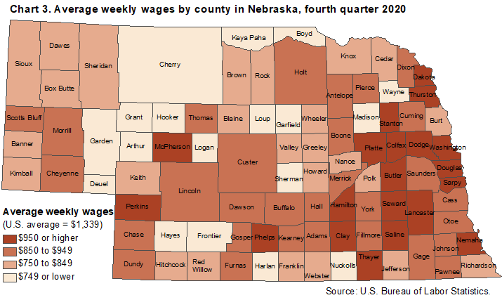 Chart 3. Average weeky wages by county in Nebraska, fourth quarter 2020