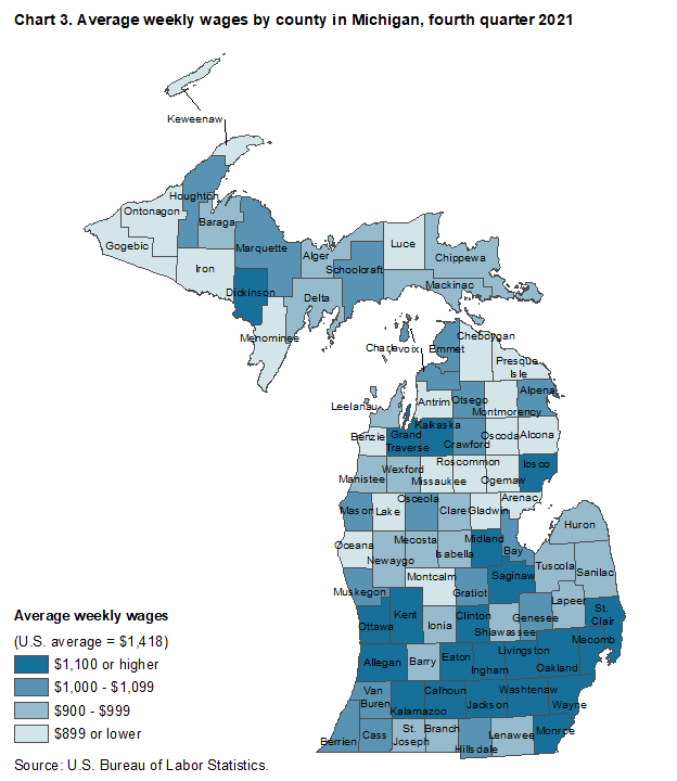 Chart 3. Average weekly wages by county in Michigan, fourth quarter 2021