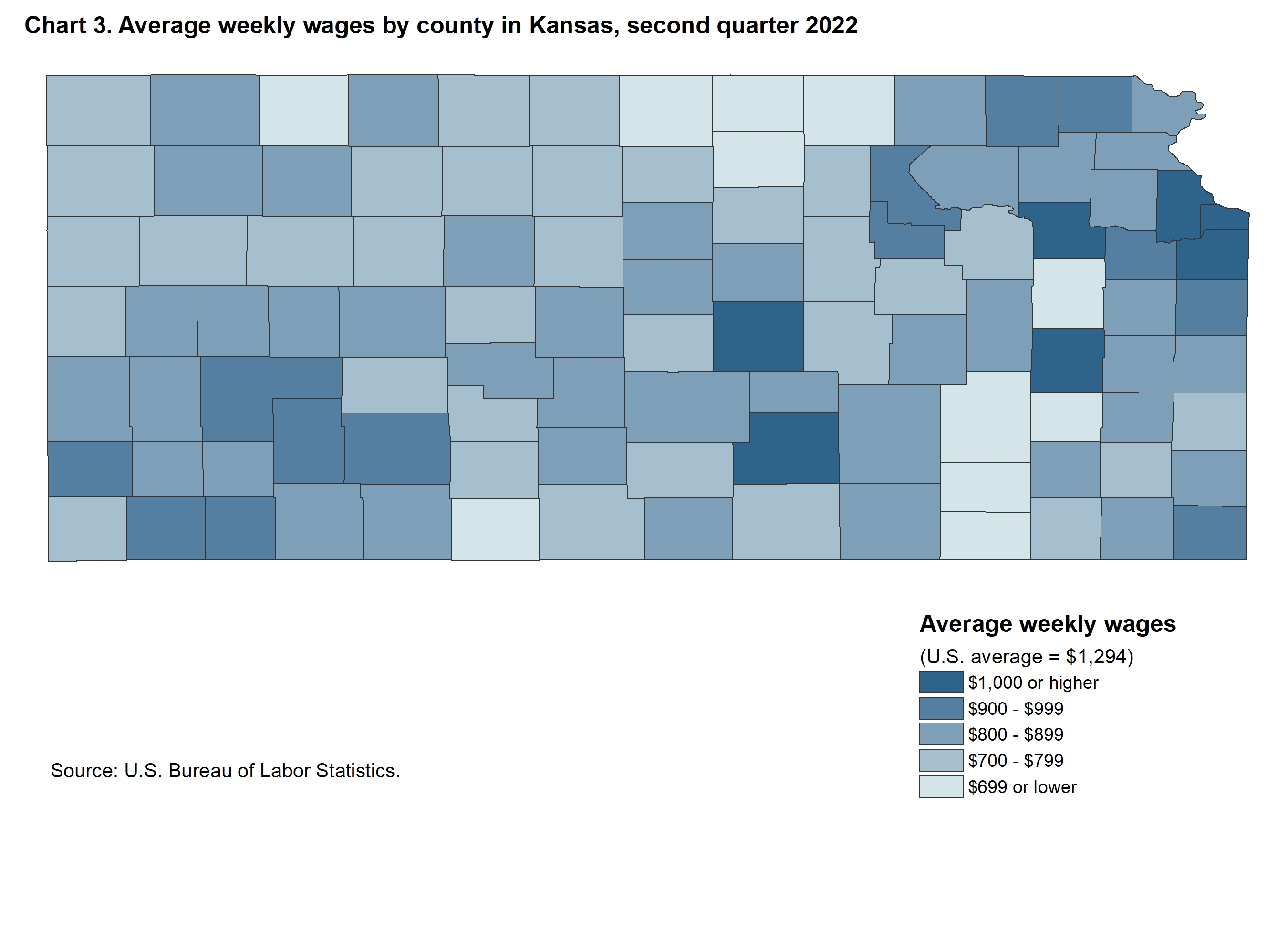 Chart 3. Average weekly wages by county in Kansas, second quarter 2022