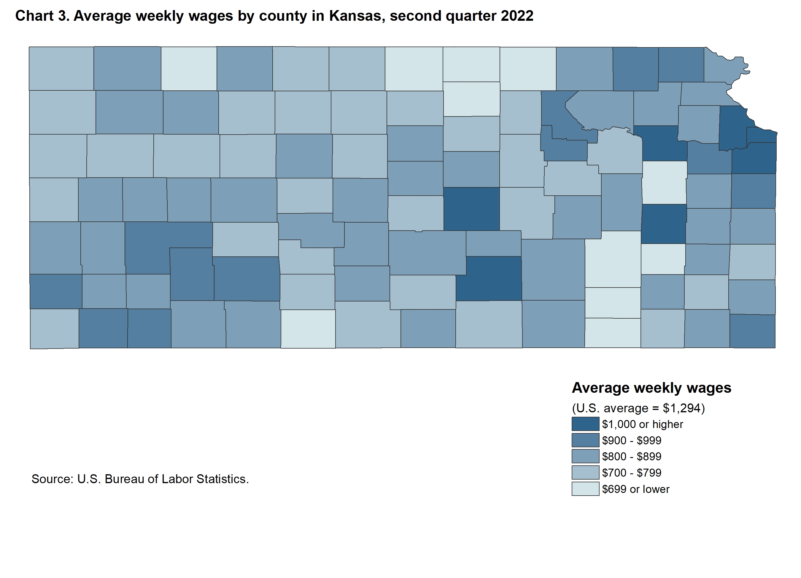 Chart 3. Average weekly wages by county in Kansas, second quarter 2022 Chart 3. Average weekly wages by county in Kansas, second quarter 2022