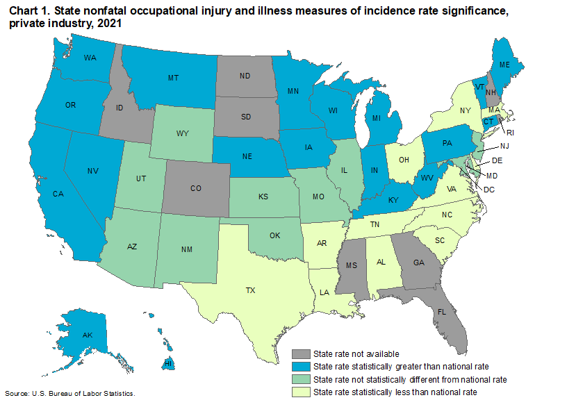 Chart 1. State nonfatal occupational injury and illness measures of incidence rate signifigance, private industry, 2021 Chart 1. State nonfatal occupational injury and illness measures of incidence rate signifigance, private industry, 2021