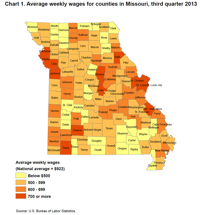 Chart 1. Average weekly wages for counties in Missouri, third quarter 2013