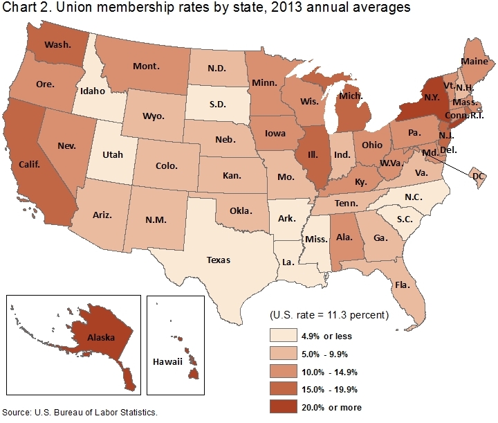 Chart 2. Union membership rates by state, 2013 annual averages