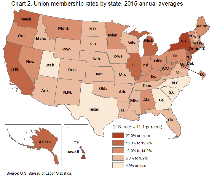 Chart 2. Union membership rates by state, 2015 annual averages