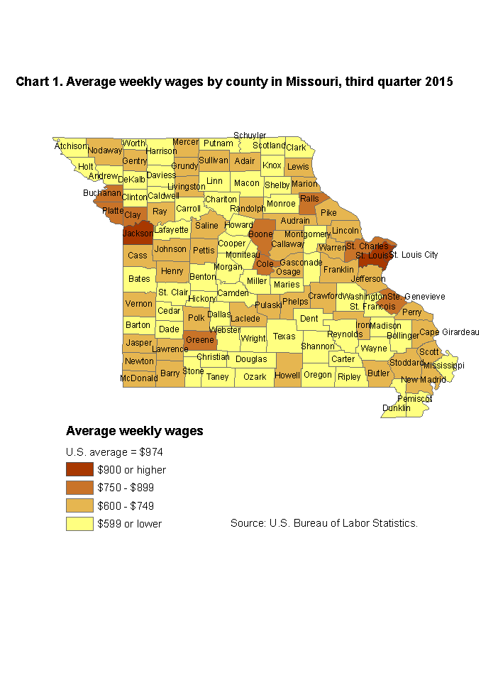 Chart 1. Average weekly wages by county in Missouri, third quarter 2015