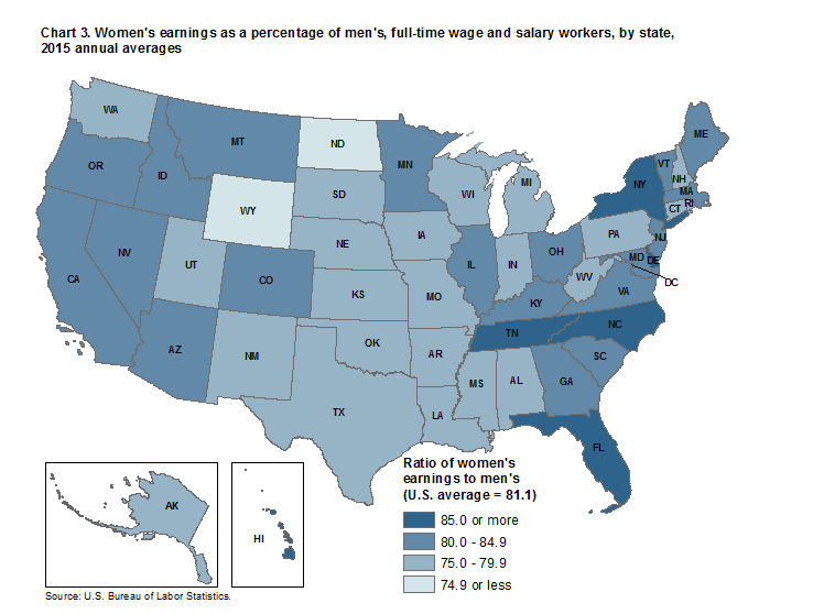 Chart 3. Women’s earnings as a percentage of men’s, full-time wage and salary workers, by state, 2015 annual averages