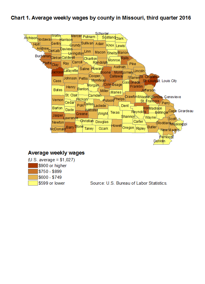 Chart 1. Average weekly wages by county in Missouri, third quarter 2016