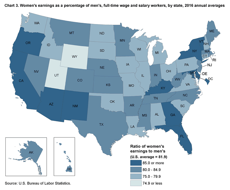 Chart 3. Women’s earnings as a percentage of men’s, full-time wage and salary workers, by state, 2016 annual averages