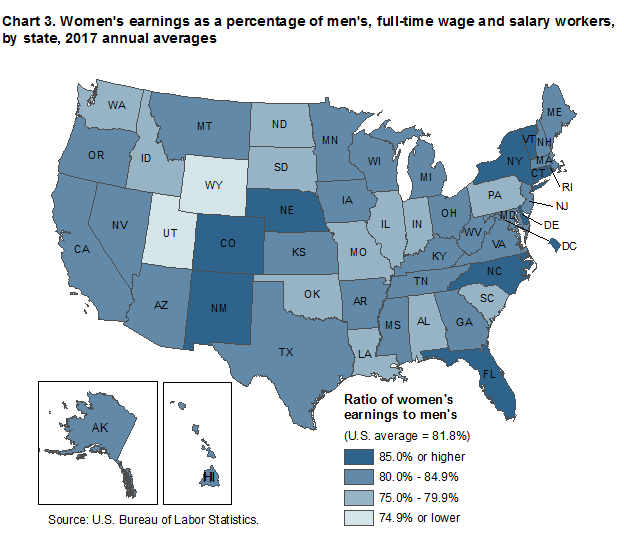 Chart 3. Women’s earnings as a percentage of men’s, full-time wage and salary workers, by state, 2017 annual averages