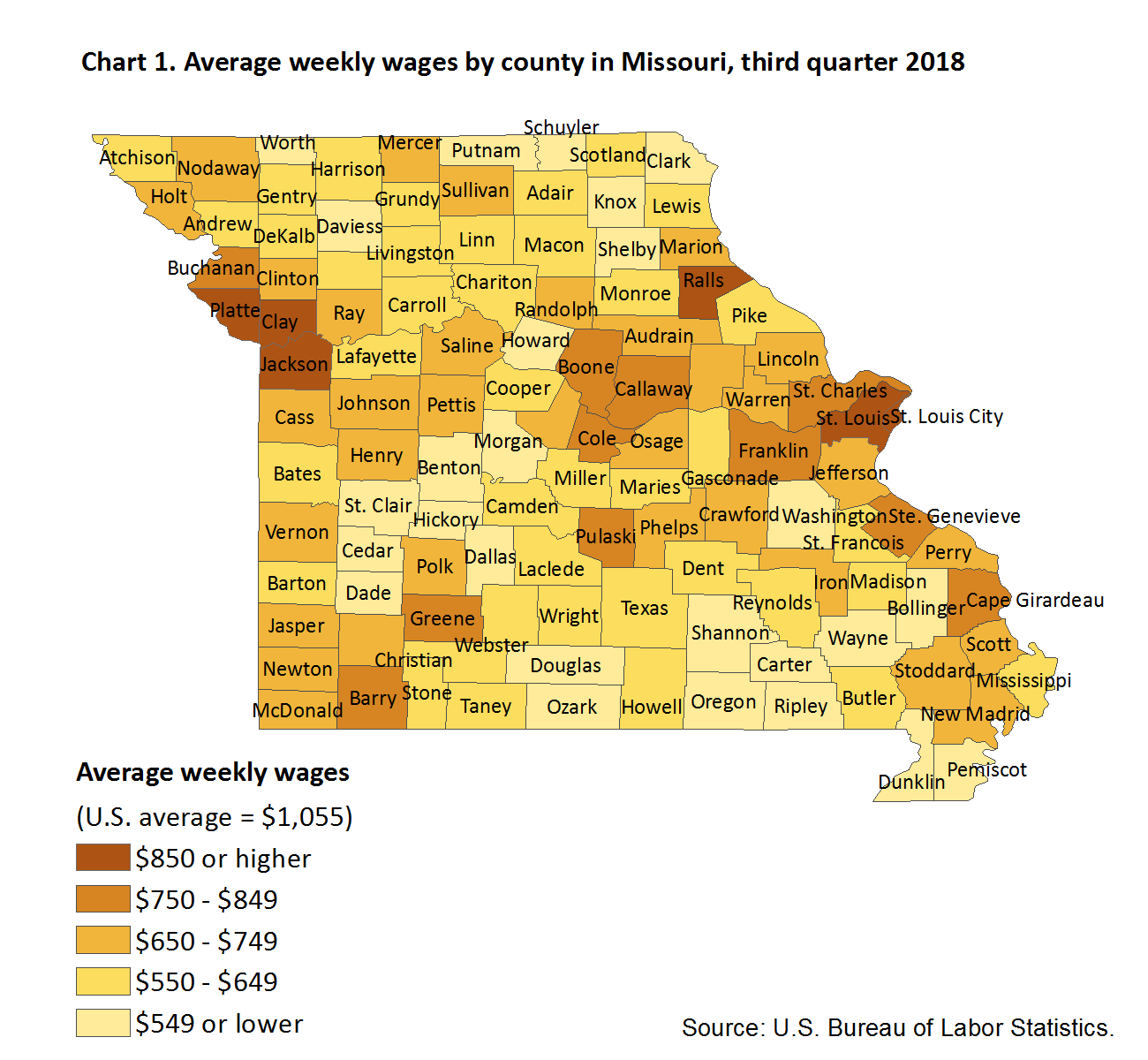 Chart 1. Average weekly wages by county in Missouri, third quarter 2018