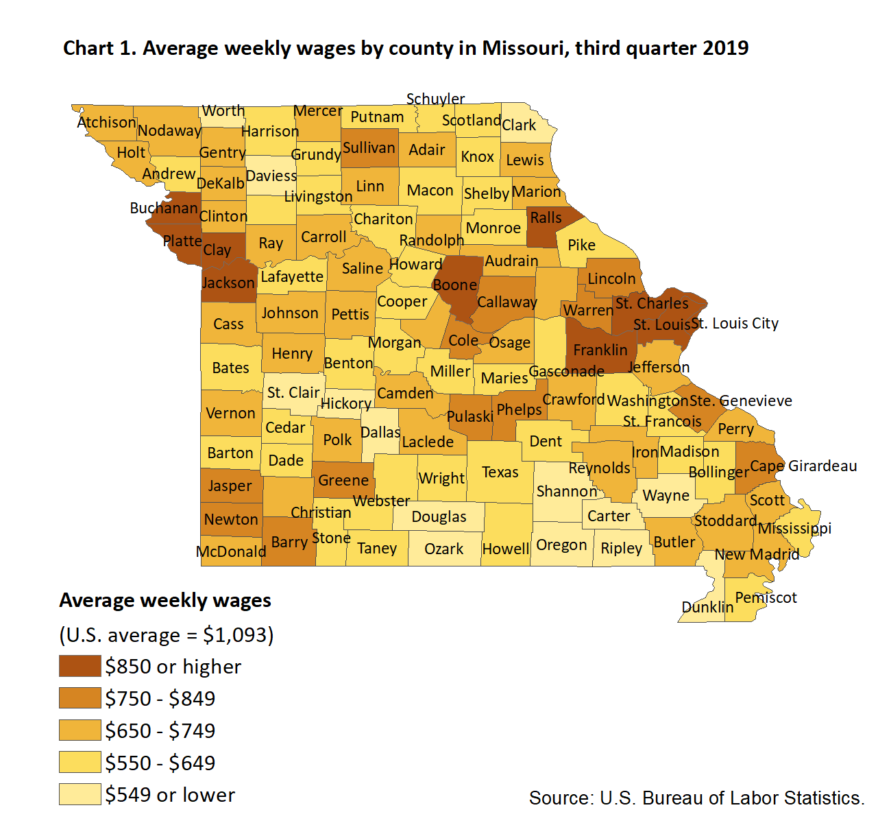 Chart 1. Average weekly wages by county in Missouri, third quarter 2019