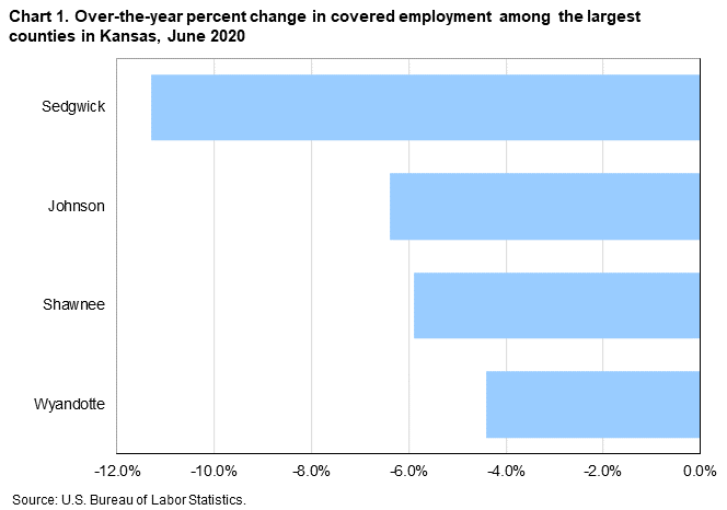 Chart 1. Over-the-year percent change in covered employment among the largest counties in Kansas, June 2020