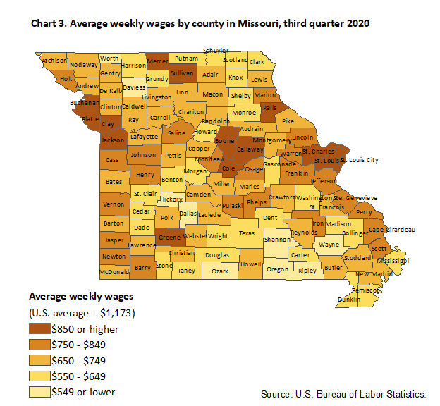 Chart 3. Average weekly wages by county in Missouri, third quarter 2020