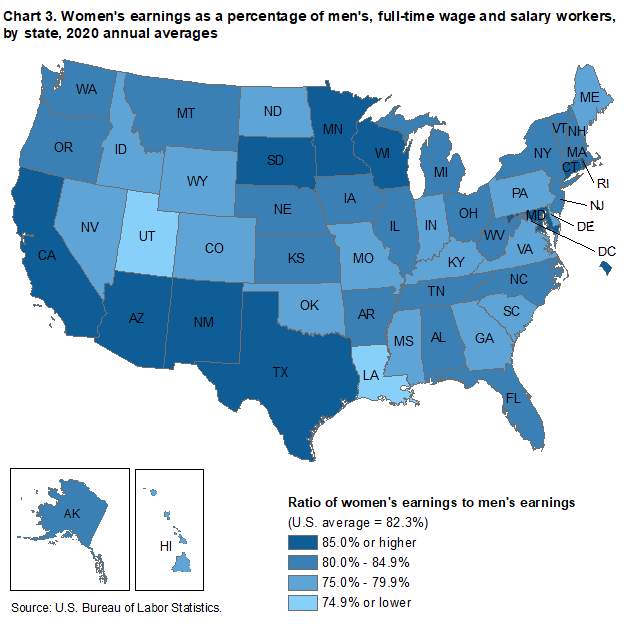 Chart 3. Women’s earnings as a percentage of men’s, full-time wage and salary workers, by state, 2020 annual averages