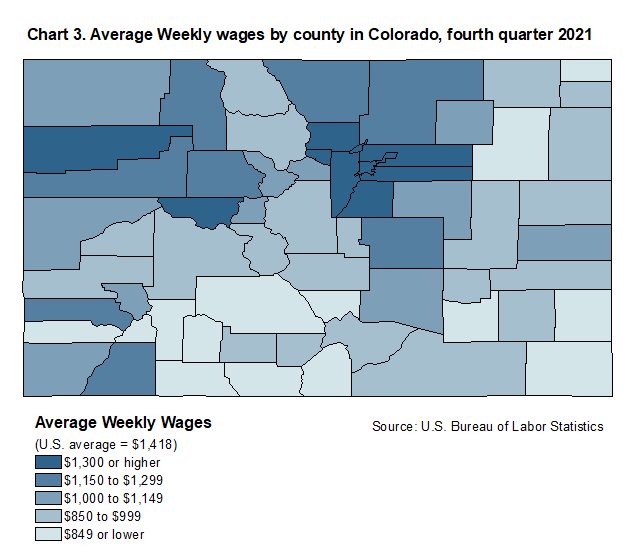 Chart 3. Average weekly wages by county in Colorado, fourth quarter 2021