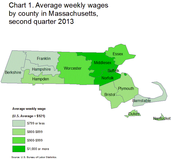 Chart 1. Average weekly wages by county in Massachusetts, second quarter 2013