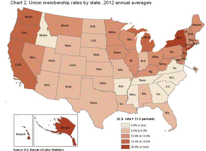 Chart 2. Union Membership rates by state, 2012 annual averages