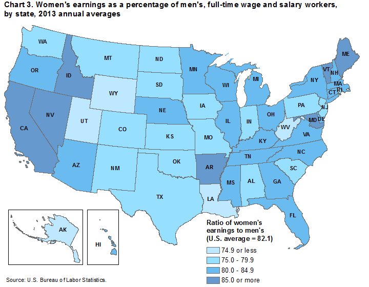 Chart 3. Women’s earnings as a percentage of men&rsquo:, full-time wage and salary workers, by state, 2013 annual averages