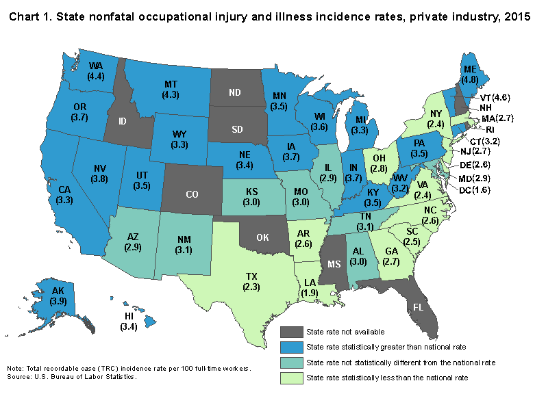 Chart 1. State nonfatal occupational injury and illness incidence rates, private industry, 2015