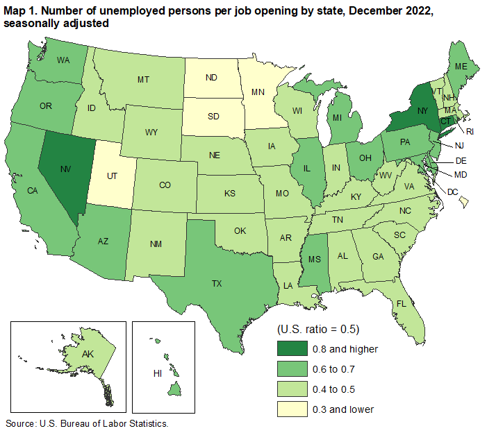 Map 1. Number of unemployed persons per job opening by state, December 2022, seasonally adjusted