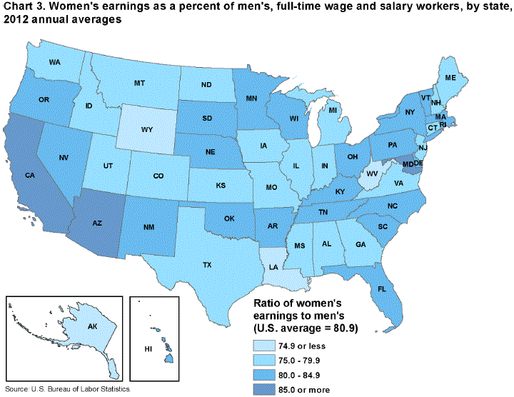 Women’s earnings as a percent of men’s, full-time wage and salary workers, by state, 2012 annual averages