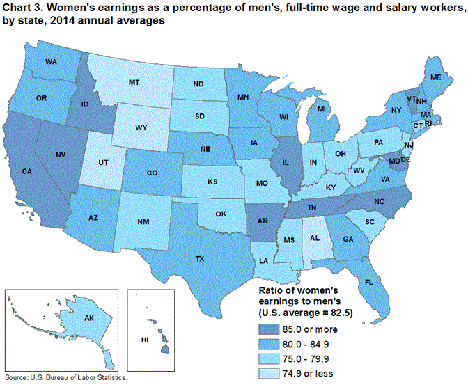 Chart 3. Women’s earnings as a percent of men’s, full-time wage and salary workers, by state, 2014 annual averages