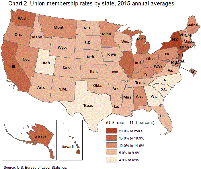 Union membership rates by state, 2015 annual averages