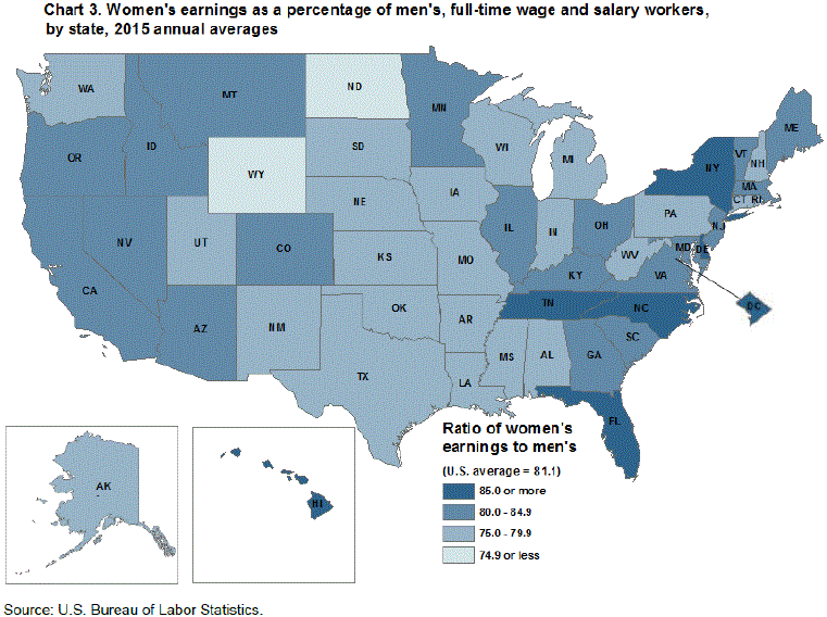 Chart 3. Women’s earnings as a percent of men’s, full-time wage and salary workers, by state, 2015 annual averages