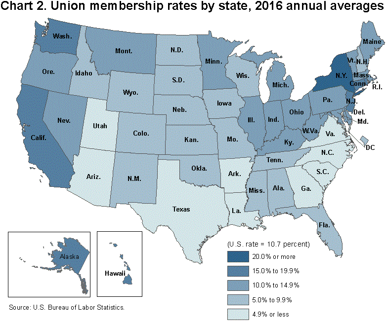 Chart 2. Union membership by state, 2016 annual averages