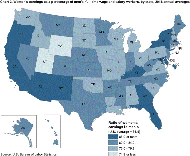 Chart 3. Women’s earnings as a percentage of men’s, full-time wage and salary workers, by state, 2016 annual averages