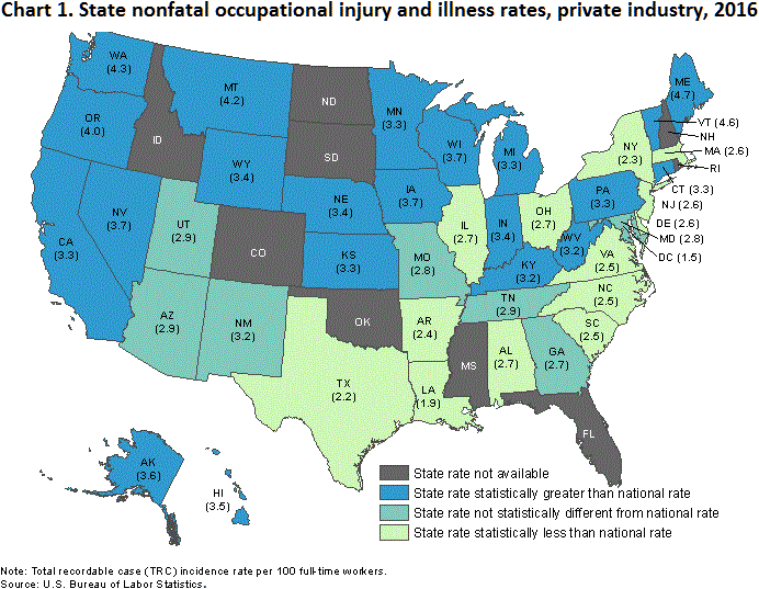 Chart 1. State nonfatal occupational injury and illness rates, private industry, 2016