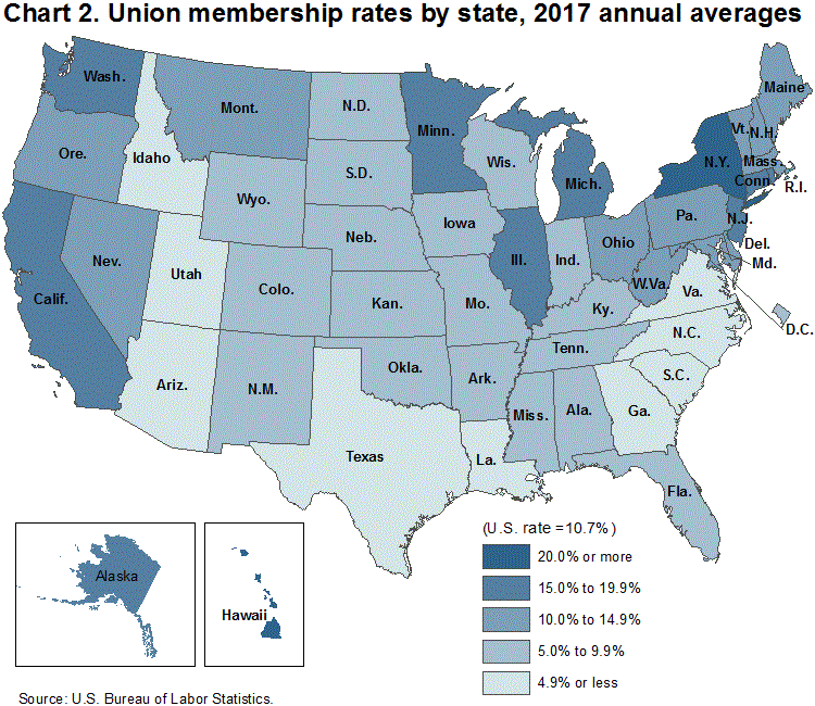 Chart 2. Union membership rates by state, 2017 annual averages