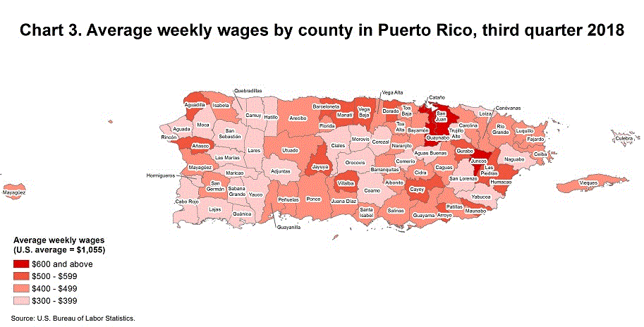 Chart 3. Average weekly wages by county in Puerto Rico, third quarter 2018