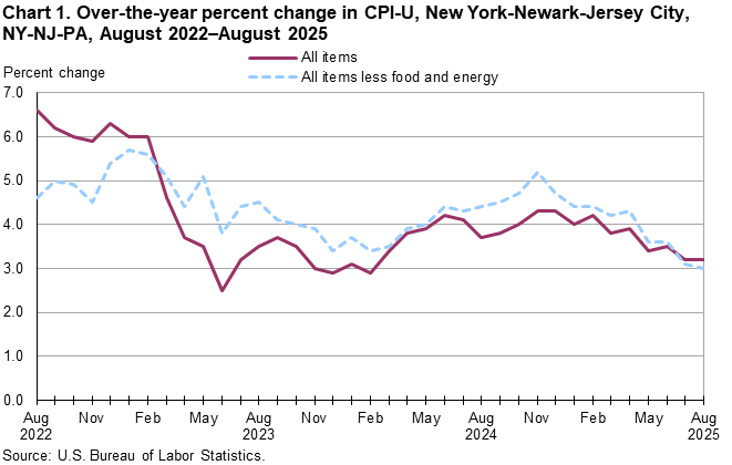 Line chart of 12-month percent changes in the Consumer Price Index CPI-U for all items and all items less food and energy for New York-Newark-Jersey City, NY-NJ-PA, August 2022 to August 2025, not seasonally adjusted. Accessible version is available in View Chart Data link below the chart. 