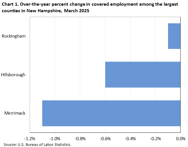 Horizontal bar chart of over-the-year percent changes in covered employment among the largest planning regions in New Hampshire, March 2025. Accessible version is available in View Chart Data link below the chart. 