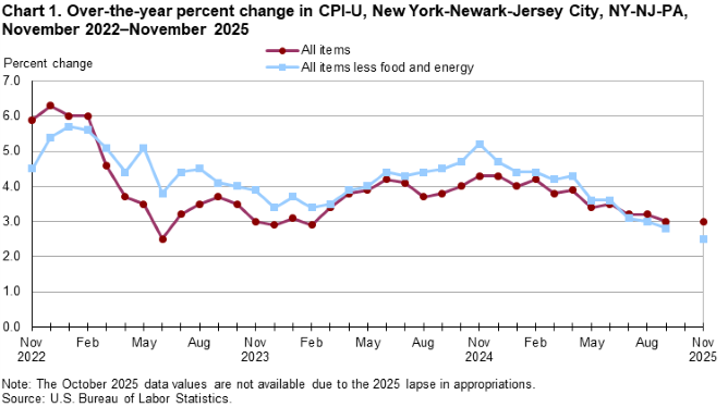 Line chart of 12-month percent changes in the Consumer Price Index CPI-U for all items and all items less food and energy for New York-Newark-Jersey City, NY-NJ-PA, November 2022 to November 2025, not seasonally adjusted. Accessible version is available in View Chart Data link below the chart.